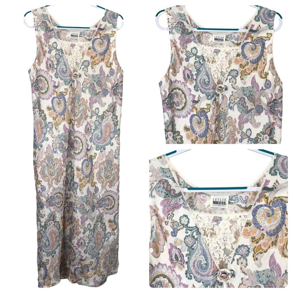 Vintage Long Nightgown Gown Womens XL ? Paisley Lace Maxi 80's 90's Neutrals